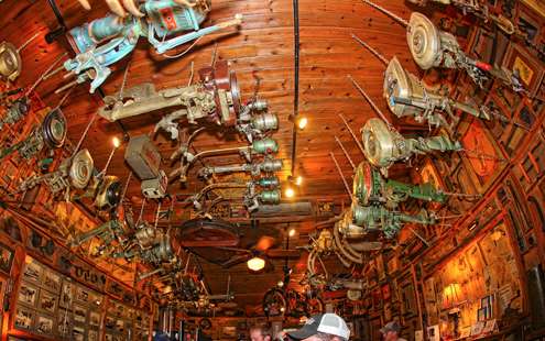 <p>Antique outboard motors hang on the ceiling at Gastonâs Restaurant. </p>
