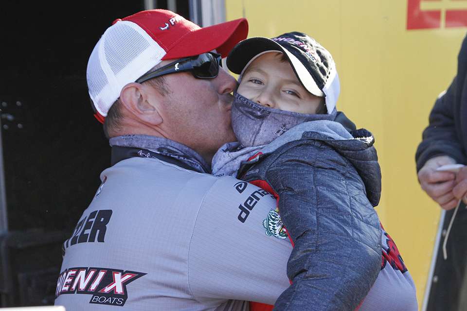 His 6-year old son Luke rushed the stage to hug his dad.