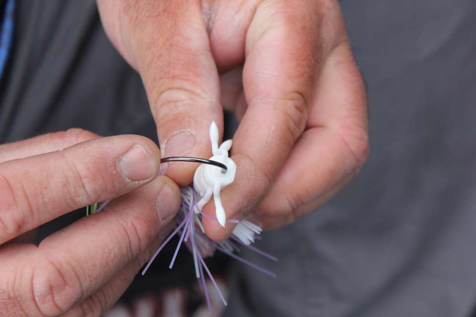 Davis pairs a Mister Twister Buzz Bug with a Nicholâs Lures swim jig in his signature color, Shad Spawn.