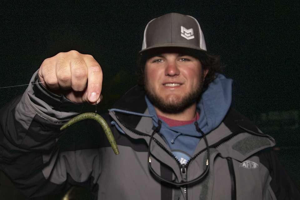 He made a Neko rig with a Berkley PowerBait MaxScent The General, rigged on a No. 2 Owner Drop Shot Hook and a nail weight. 
