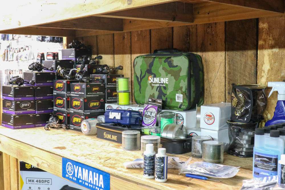 The middle shelf is home to a healthy amount of Lew's reels, Sunline fishing line and Fish Life fishcare products. 